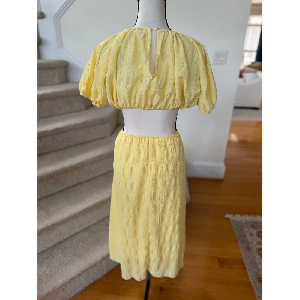 Petal + Pup Butter Yellow Puff Sleeve Midi Length Milk Maid Cut Out Back Dress - Picture 6 of 7